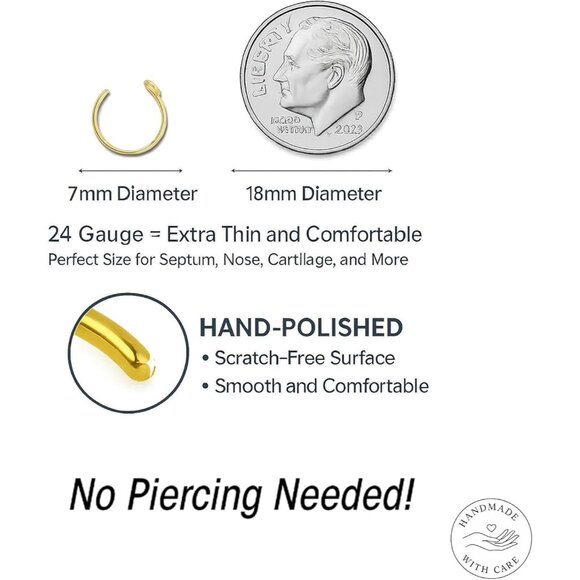 Minimalist Gold Clip-On Nose Ring - 14k Handmade 24 Gauge for Effortless Style - Picture 2 of 9